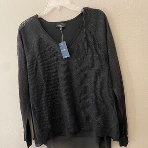 Lucky Brand Linen Blend V Neck Black Long Sleeve Blouse NWT Size Large